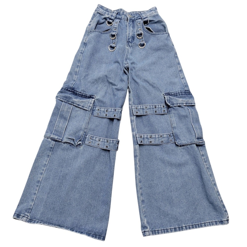 ROMWE Wide Leg Flap Pocket Cargo Grung Goth Distressed Grommet Dring Detail J424